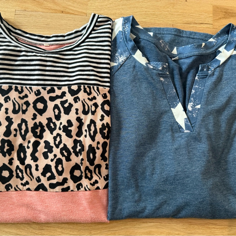 Amazon Women's Striped and Leopard Print Top & Blue V-Neck Top